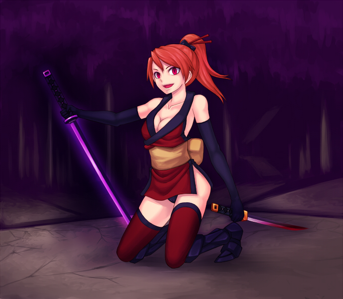 kuroitsuki, refia, final fantasy, final fantasy iii, 1990s (style), 1girl, breasts, cleavage, dark persona, female focus, ninja, ponytail, red eyes, red hair, retro artstyle, solo, sword, thighhighs, weapon
