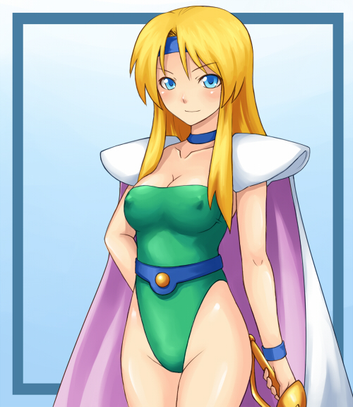 kuroitsuki, celes chere, final fantasy, final fantasy vi, 1990s (style), 1girl, blonde hair, blue eyes, cape, covered erect nipples, female focus, headband, leotard, long hair, retro artstyle, shoulder pads, solo, sword, weapon