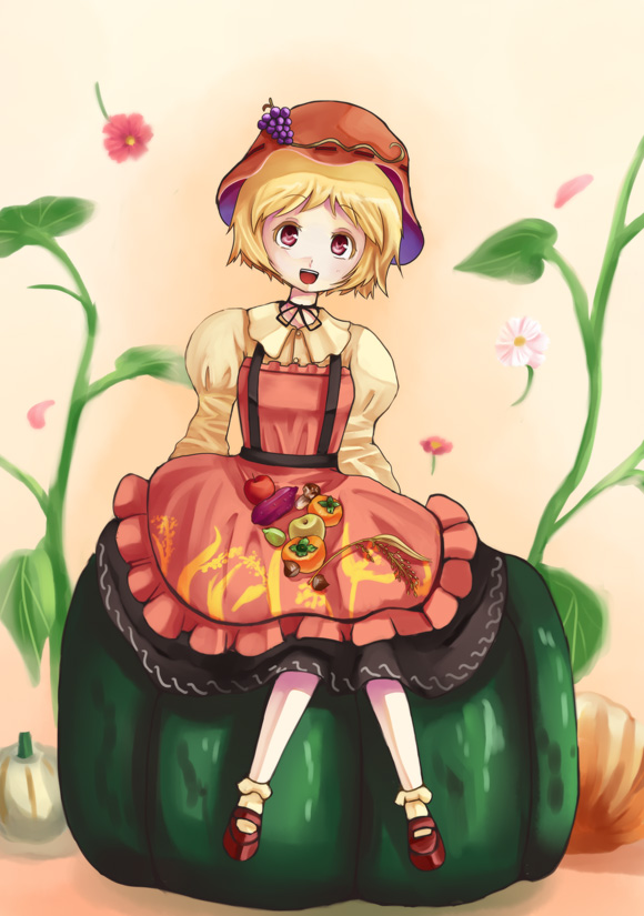 watase rei, aki minoriko, touhou, bad id, bad pixiv id, 1girl, blonde hair, female focus, flower, food, fruit, full body, gradient background, grapes, hat, outdoors, plant, red eyes, short hair, sitting, solo, vegetable