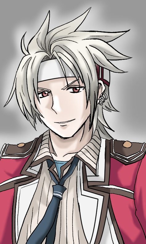 crow armbrust, eiyuu densetsu, sen no kiseki (series), sen no kiseki i, 1boy, collared shirt, ear piercing, headband, looking at viewer, mullet, necktie, piercing, portrait, school uniform, shirt, simple background, surasho oekaki, thors military academy class vii uniform, thors military academy school uniform, white hair, white headband