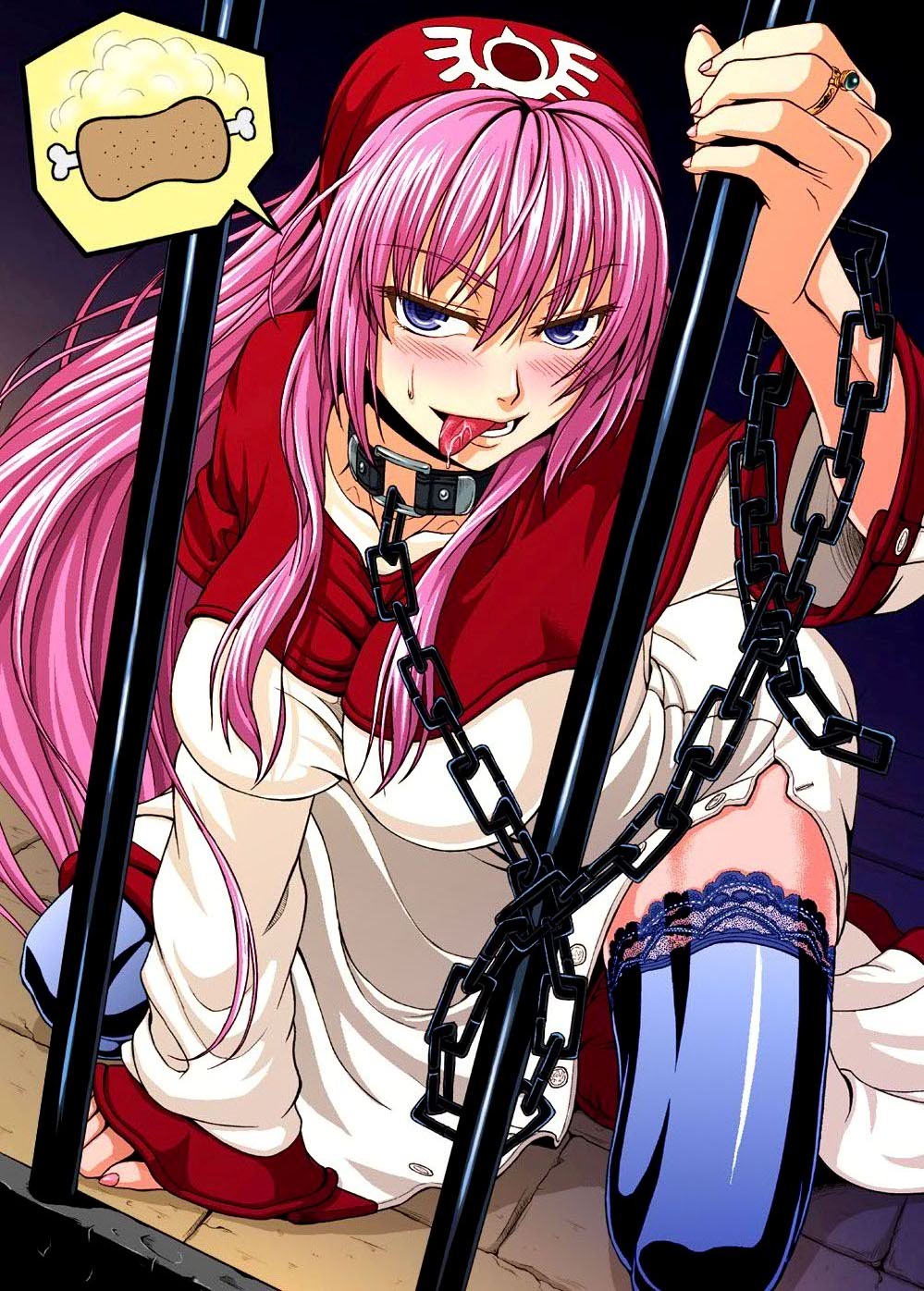 nakayama yukiji, princess of moonbrook, chunsoft, dragon quest, dragon quest ii, enix, bars, lace-trimmed legwear, 1980s (style), colorized, highres, 1girl, blue eyes, blue thighhighs, blush, boned meat, breasts, chain, female focus, food, jewelry, lace, lace trim, large breasts, long hair, meat, naughty face, oldschool, prison, pun, purple hair, ring, saliva, sexually suggestive, solo, thighhighs, tongue, very long hair