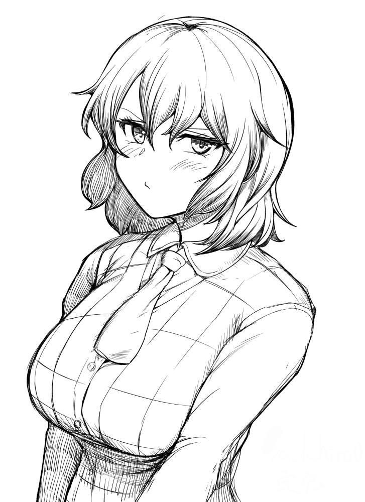 sadahiro (chicken nugget gyuuniku aji), kazami yuuka, touhou, commentary request, 1girl, ascot, blush, breasts, closed mouth, collared shirt, gingham vest (clothing), greyscale, large breasts, lineart, long sleeves, looking at viewer, monochrome, shirt, short hair, solo, upper body, v-shaped eyebrows, vest