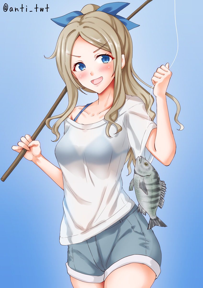 anti (untea9), asakaze (kancolle), kantai collection, highres, 1girl, alternate costume, alternate hairstyle, bikini, bikini under clothes, blue background, blue eyes, brown hair, cowboy shot, fish, fishing rod, long hair, ponytail, shirt, shorts, solo, swimsuit, wavy hair, white shirt