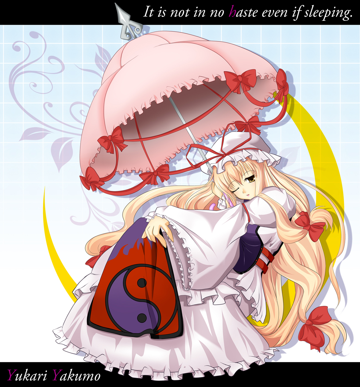 fule, yakumo yukari, touhou, highres, 1girl, blonde hair, english text, engrish text, female focus, gradient background, hat, long hair, one eye closed, ranguage, solo, umbrella, white background, wink, yellow eyes, yin yang