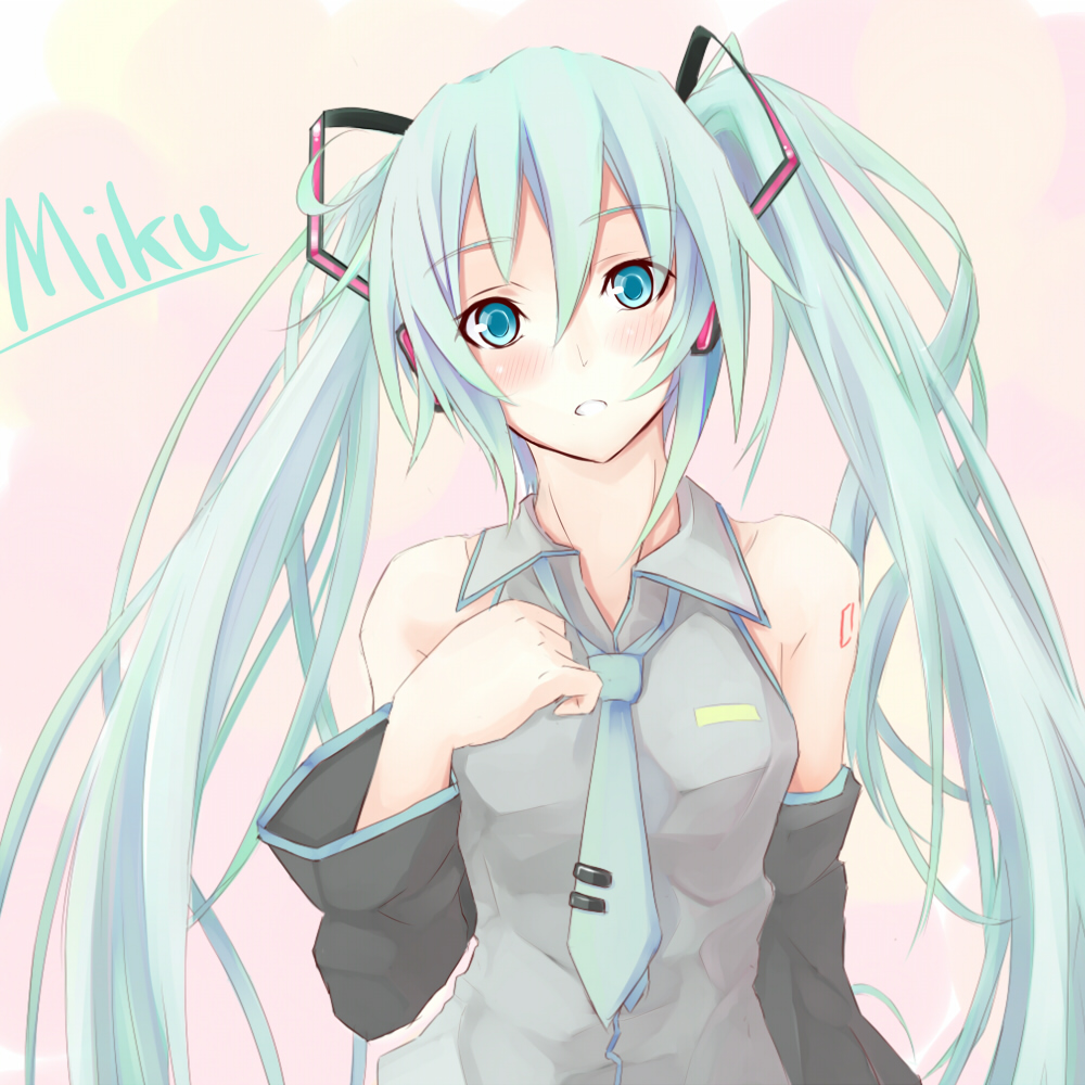 takanashie, hatsune miku, vocaloid, 1girl, aqua eyes, aqua hair, blush, detached sleeves, female focus, long hair, necktie, pink background, solo, twintails