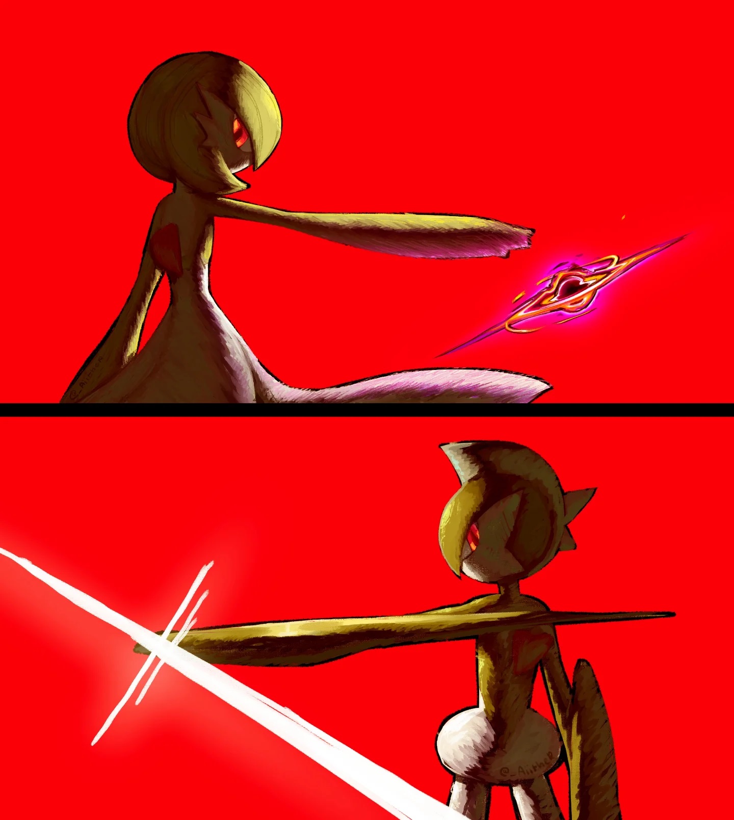 aiither, gallade, gardevoir, nintendo, pokemon, highres, artist name, bob cut, colored skin, dress, gen 3 pokemon, gen 4 pokemon, green sky, looking at viewer, looking back, multicolored skin, pokemon (creature), red background, red eyes, simple background, sky, two-tone skin, white dress, white skin