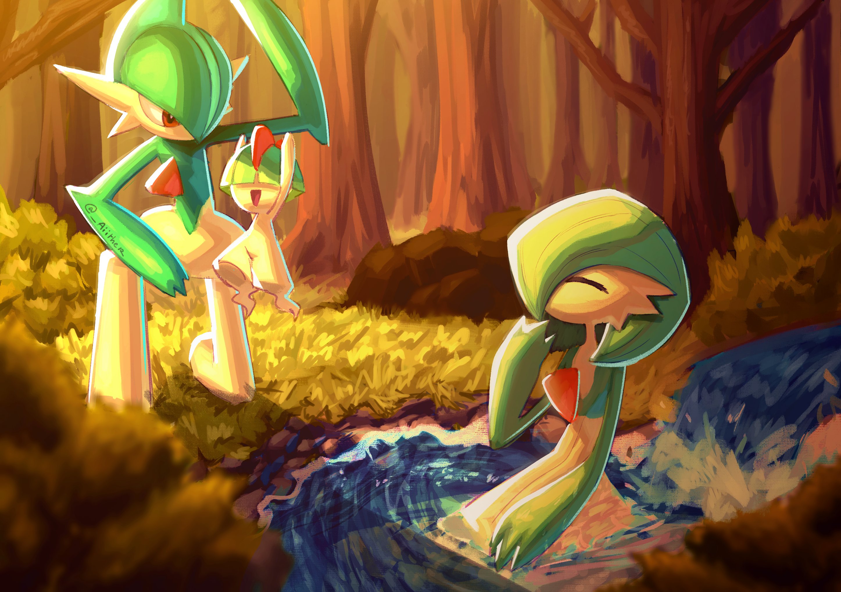 aiither, gallade, gardevoir, ralts, nintendo, pokemon, highres, artist name, bob cut, bowl cut, colored skin, dress, forest, gen 3 pokemon, gen 4 pokemon, grass, green hair, green skin, hair over eyes, hair over one eye, multicolored skin, nature, open mouth, pokemon (creature), red eyes, sitting, smile, tree, two-tone skin, water, white dress, white skin