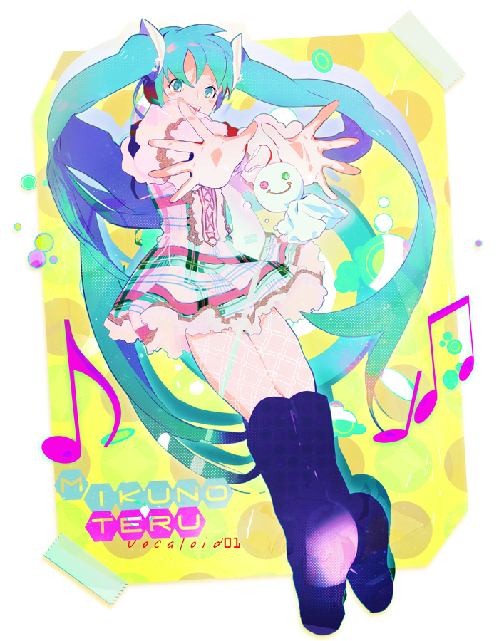 zis, hatsune miku, vocaloid, plaid, bad id, bad pixiv id, 1girl, aqua eyes, aqua hair, female focus, full body, heterochromia, legs, long hair, musical note, skirt, smile, solo, teruterubouzu, twintails, very long hair