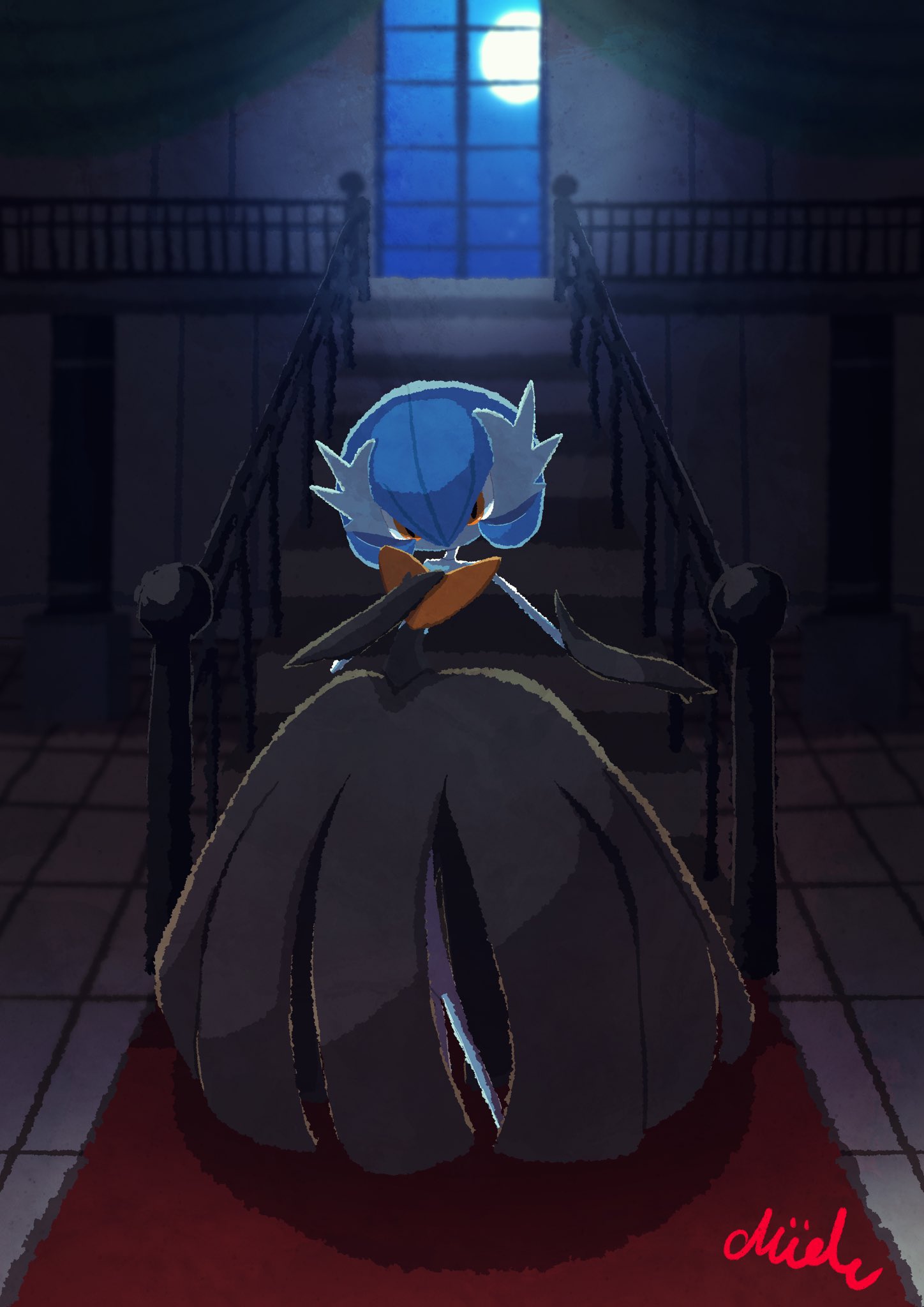 mude0530, gardevoir, mega gardevoir, nintendo, pokemon, highres, alternate color, black dress, black gloves, blue hair, bob cut, dress, elbow gloves, gen 3 pokemon, gloves, mega pokemon, moon, night, orange eyes, pokemon (creature), shiny pokemon, signature, stairs