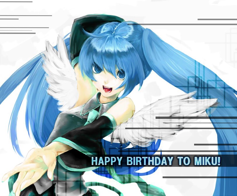 sun (rose2002), hatsune miku, vocaloid, bad id, bad pixiv id, 1girl, angel wings, blue eyes, blue hair, detached sleeves, female focus, long hair, matching hair/eyes, necktie, skirt, smile, solo, twintails, white background, wings