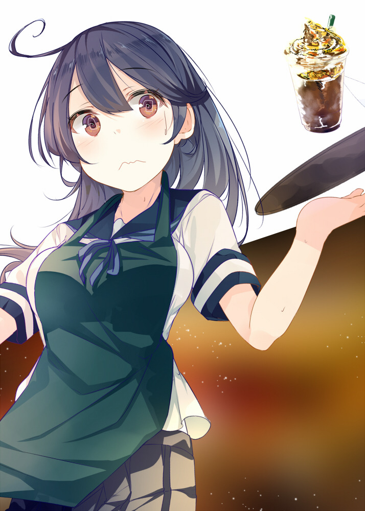 benio (dontsugel), ushio (kancolle), kantai collection, bad id, 1girl, ahoge, apron, blue hair, blue sailor collar, blush, breasts, brown eyes, closed mouth, clumsy, cup, disposable cup, drinking straw, dropping, green apron, grey skirt, hair between eyes, holding, holding tray, long hair, sailor collar, school uniform, serafuku, short sleeves, simple background, skirt, solo, sweat, tray, wavy mouth