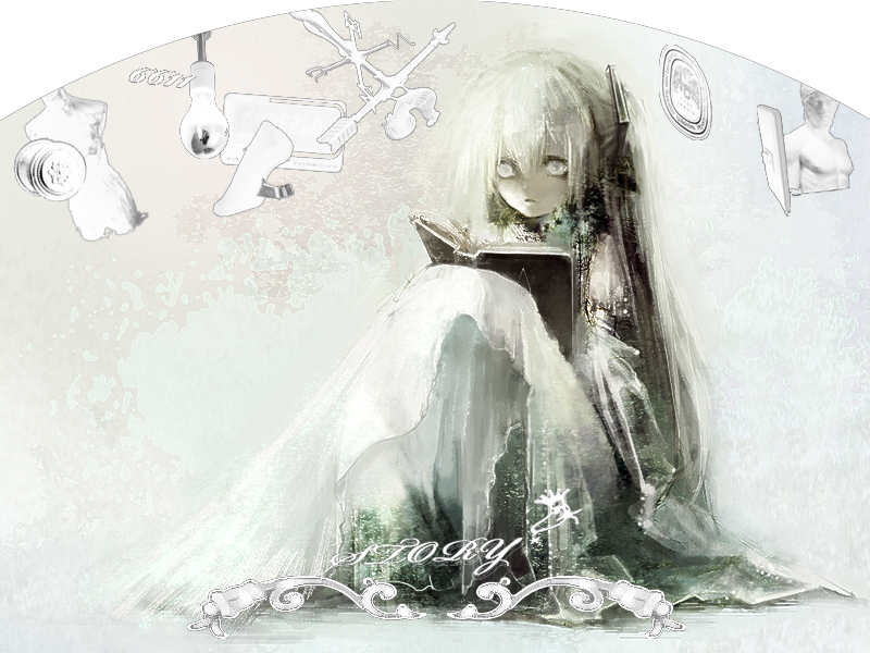 jane-roe, hatsune miku, vocaloid, bad id, bad pixiv id, 1girl, book, dress, female focus, hair ribbon, long hair, monochrome, ribbon, sitting, solo, twintails