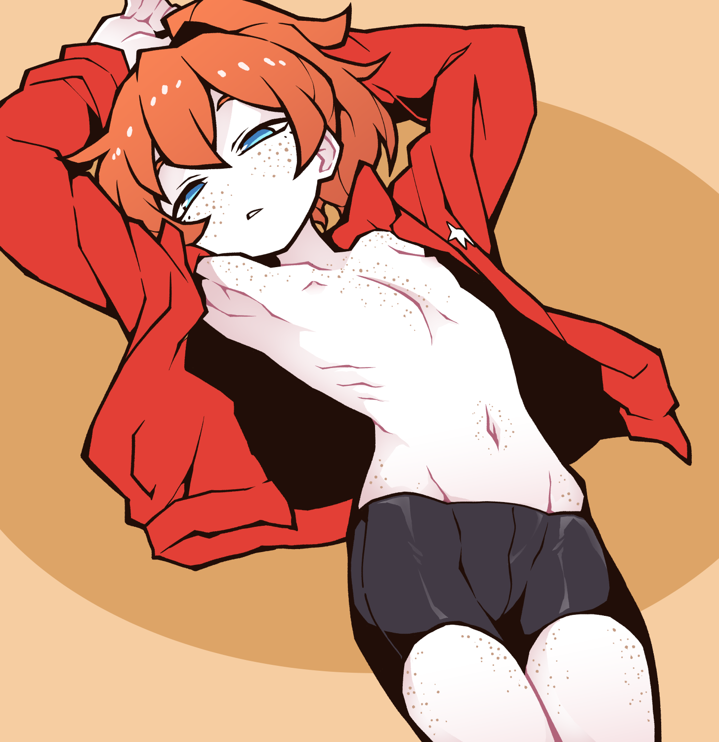 akableak, charlotte (akableak), original, highres, 1girl, arms up, bike shorts, black shorts, blue eyes, body freckles, flat chest, freckles, jacket, long sleeves, navel, nipples, open clothes, open jacket, orange hair, parted lips, red jacket, short shorts, shorts, solo, topless female