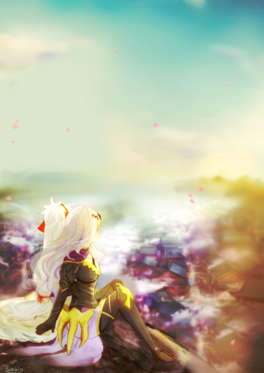 camilla (fire emblem), takumi (fire emblem), fire emblem, fire emblem fates, nintendo, 1boy, 1girl, between breasts, breasts, chignon, cleavage, cliff, green eyes, horizon, older female and younger male, on ground, purple hair, strap between breasts