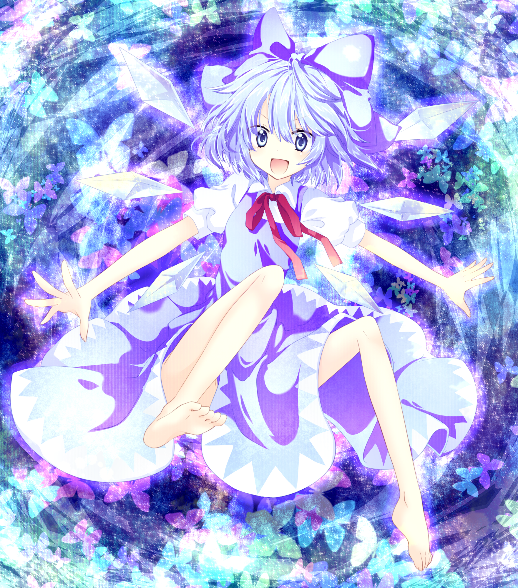 riichu, cirno, embodiment of scarlet devil, touhou, light purple hair, bad id, bad pixiv id, duplicate, highres, :d, barefoot, blue dress, blue eyes, blue hair, bow, bug, butterfly, dress, feet, floating, glowing, gradient hair, hair bow, insect, large bow, multicolored hair, neck ribbon, open mouth, ribbon, short hair, smile, solo, wings