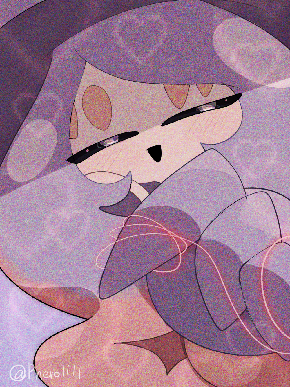 a-nya, hatterene, nintendo, pokemon, 1girl, artist name, black sclera, blue background, blue hair, blush, colored sclera, colored skin, female focus, gen 8 pokemon, gradient hair, half-closed eyes, hand on own cheek, hand on own face, happy, heart, heart-shaped pupils, multicolored hair, open mouth, pink hair, pokemon (creature), prehensile hair, sidelocks, signature, simple background, smile, solo, string of fate, symbol-shaped pupils, twitter username, two-tone hair, upper body, white eyes, white skin