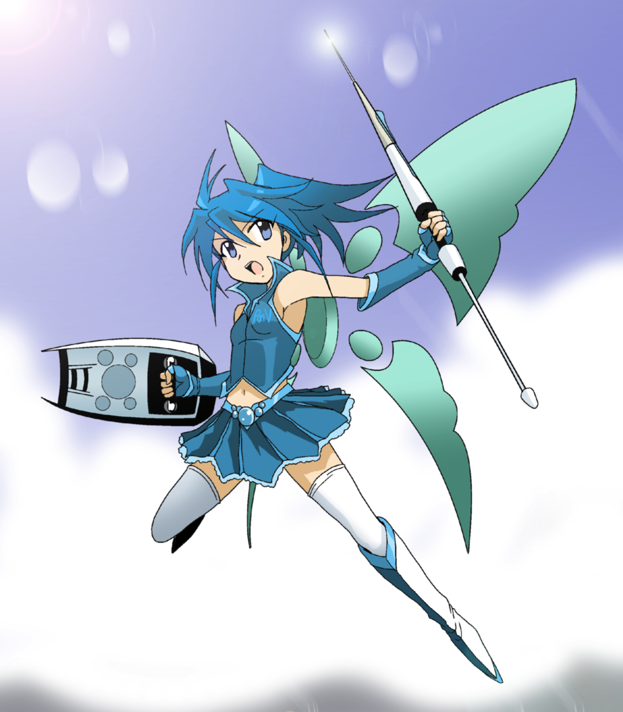 takaya n, pixiv-tan, pixiv, highres, midriff, solo, thighhighs, wings, zettai ryouiki