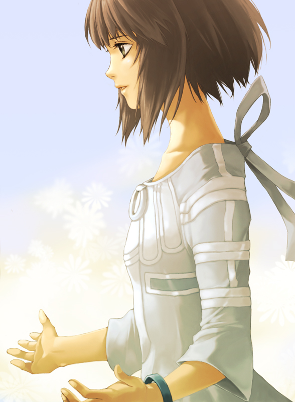 koma kiri aoko, sakura mizrahi, xenosaga, 00s, 1girl, brown eyes, brown hair, dress, female focus, flower, profile, short hair, solo, wristband
