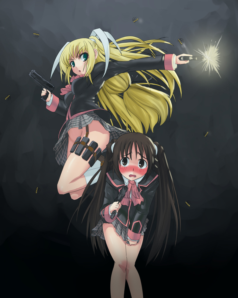 muumuu, naoe riki, tokido saya, little busters!, bad id, bad pixiv id, 1boy, 1girl, blush, casing ejection, censored, convenient censoring, crossdressing, dual wielding, embarrassed, firing, gun, handgun, holding, holding gun, holding weapon, jumping, legs, long hair, no panties, pistol, school uniform, shell casing, skirt, skirt hold, thigh strap, trap, twintails, upskirt, weapon