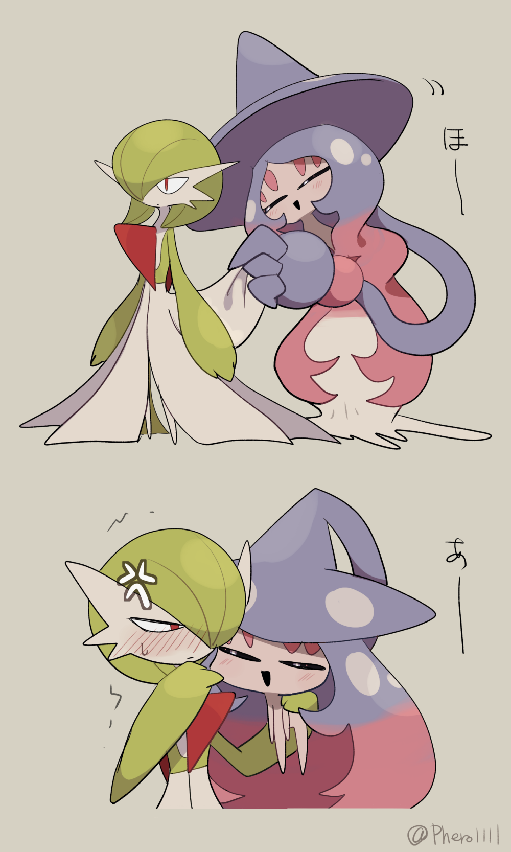 a-nya, gardevoir, hatterene, nintendo, pokemon, translation request, 2girls, absurdly long hair, anger vein, angry, arms at sides, artist name, black sclera, blue hair, blue hat, blush, bob cut, cheek pull, closed mouth, colored sclera, colored skin, cropped torso, embarrassed, expressionless, female focus, female pervert, flat chest, full body, gen 3 pokemon, gen 8 pokemon, gradient hair, green hair, green skin, grey background, hair over one eye, half-closed eyes, hands up, happy, hat, head tilt, japanese text, jitome, lifting another's clothes, long hair, looking afar, looking at another, multicolored hair, multicolored skin, multiple girls, multiple views, no feet, nose blush, one eye covered, open mouth, pervert, pink hair, pokemon (creature), red eyes, short hair, sidelocks, signature, simple background, smile, standing, sweat, trembling, twitter username, two-tone hair, two-tone skin, upper body, very long hair, white eyes, white skin, witch hat, yuri