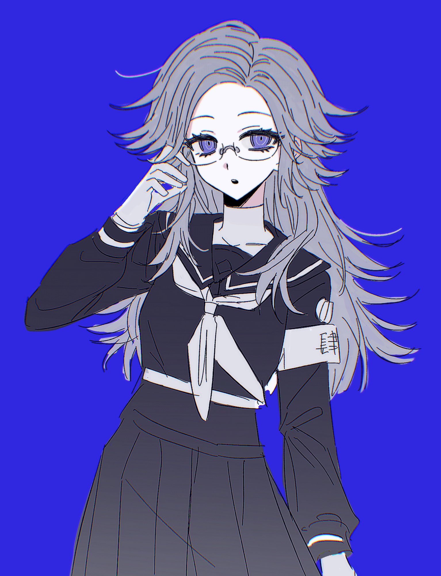 aotsuki eito, the hundred line -last defense academy-, highres, 1girl, adjusting eyewear, armband, belt, black serafuku, black shirt, black skirt, blue background, blue eyes, chromatic aberration, cowboy shot, eyelashes, genderswap, genderswap (mtf), glasses, gloves, grey hair, iro (kakerairo), last defense academy school uniform, long hair, long sleeves, looking at viewer, neckerchief, open mouth, pale skin, pleated skirt, school uniform, serafuku, shirt, simple background, skirt, solo, white armband, white belt, white gloves, white neckerchief