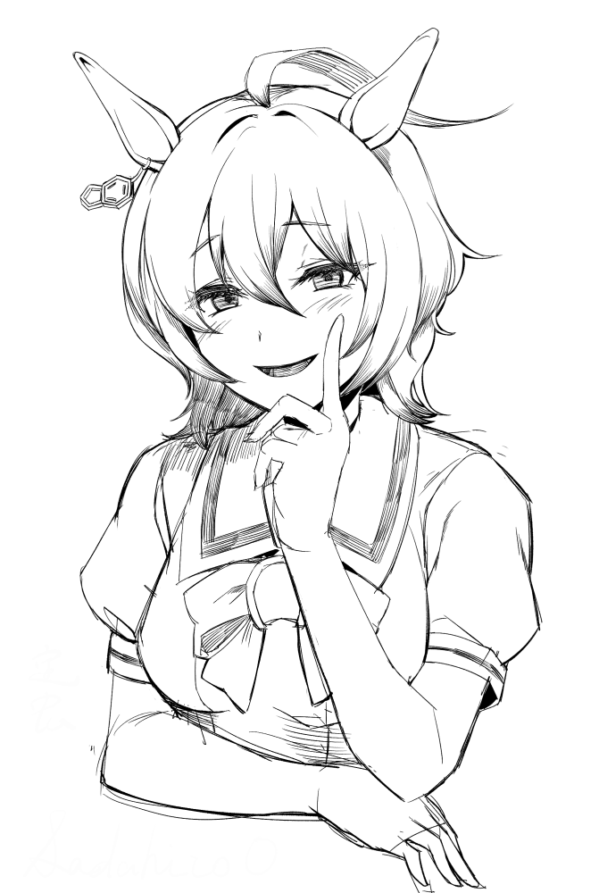sadahiro (chicken nugget gyuuniku aji), agnes tachyon (umamusume), umamusume, commentary request, 1girl, ahoge, animal ears, blush, bow, bowtie, breasts, earrings, greyscale, hair between eyes, horse ears, horse girl, horseshoe ornament, index finger raised, jewelry, long bangs, looking at viewer, medium breasts, monochrome, open mouth, puffy short sleeves, puffy sleeves, sailor collar, sailor shirt, school uniform, shirt, short hair, short sleeves, simple background, single earring, smile, solo, summer uniform, tracen school uniform, upper body