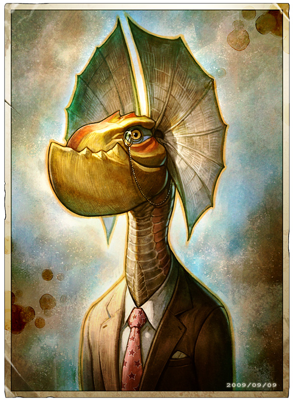 arina nary, yian kut-ku, capcom, monster hunter (series), 00s, 2009, dated, dragon, formal clothes, lapels, monocle, monocle chain, monster, no humans, notched lapels, portrait, suit, what, wyvern