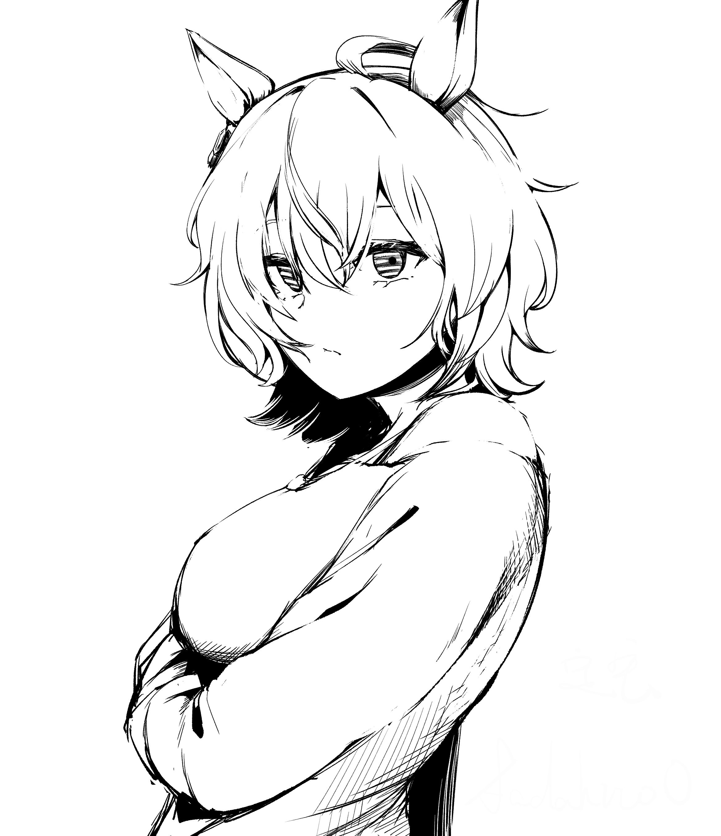 sadahiro (chicken nugget gyuuniku aji), agnes tachyon (umamusume), umamusume, absurdres, commentary request, highres, 1girl, ahoge, animal ears, arm under breasts, breasts, closed mouth, coat, expressionless, from side, hair between eyes, horse ears, horse girl, long bangs, long sleeves, looking at viewer, looking to the side, medium breasts, short hair, simple background, solo, upper body