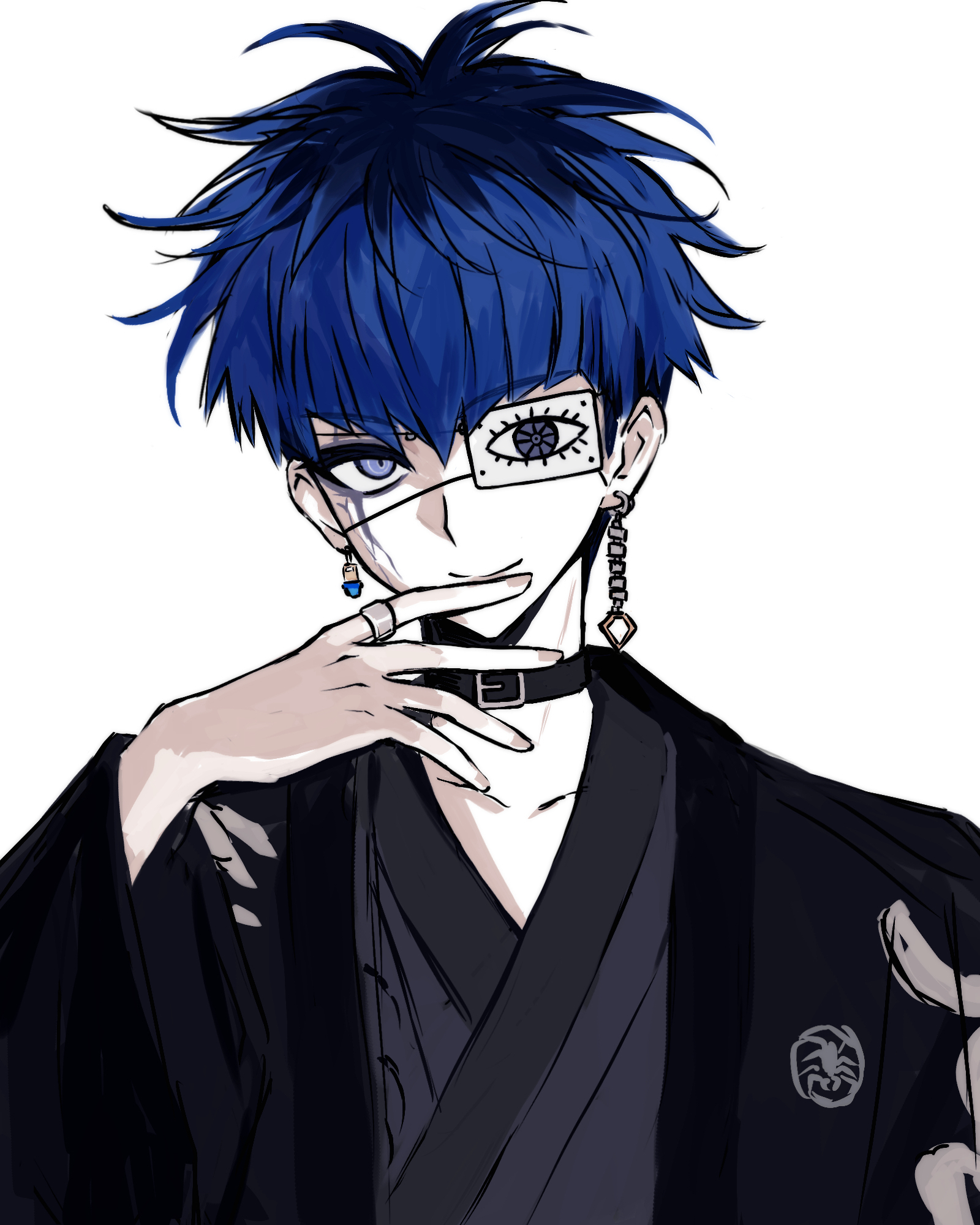omokage yugamu, the hundred line -last defense academy-, highres, 1boy, belt collar, black collar, black hair, black haori, blue eyes, blue hair, bridge piercing, closed mouth, collar, earrings, eyepatch, face piercing, facepaint, grey kimono, hand on own chin, haori, iro (kakerairo), japanese clothes, jewelry, kimono, long sleeves, looking at viewer, male focus, mismatched earrings, multicolored hair, pale skin, piercing, print eyepatch, ring, roots (hair), sanpaku, short hair, simple background, smile, solo, tsurime, two-tone hair, upper body, white background, wide sleeves