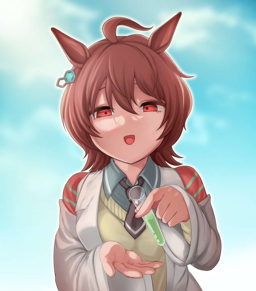 sadahiro (chicken nugget gyuuniku aji), agnes tachyon (tach-nology) (umamusume), agnes tachyon (umamusume), umamusume, commentary request, 1girl, black necktie, blue sky, breasts, coat, collared shirt, day, grey shirt, hair between eyes, holding, holding vial, incoming drink, lab coat, leaning forward, looking at viewer, medium breasts, necktie, open clothes, open coat, open mouth, outdoors, potion, red eyes, shirt, short hair, short necktie, sky, smile, solo, sweater vest, upper body, vial, yellow sweater vest