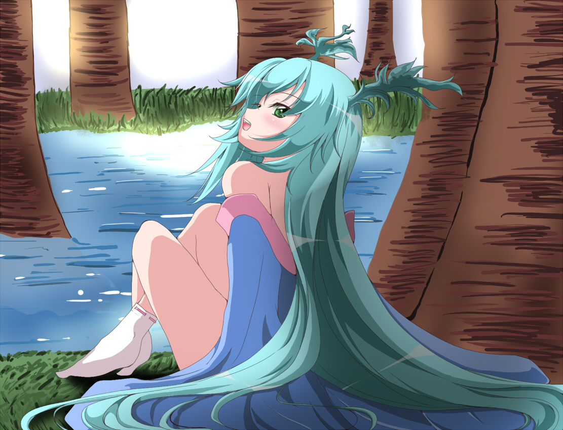 shirosuzu, sashiromiya sasha, original, touhou, 1girl, aqua hair, bare shoulders, female focus, forest, japanese clothes, long hair, nature, solo, very long hair, water