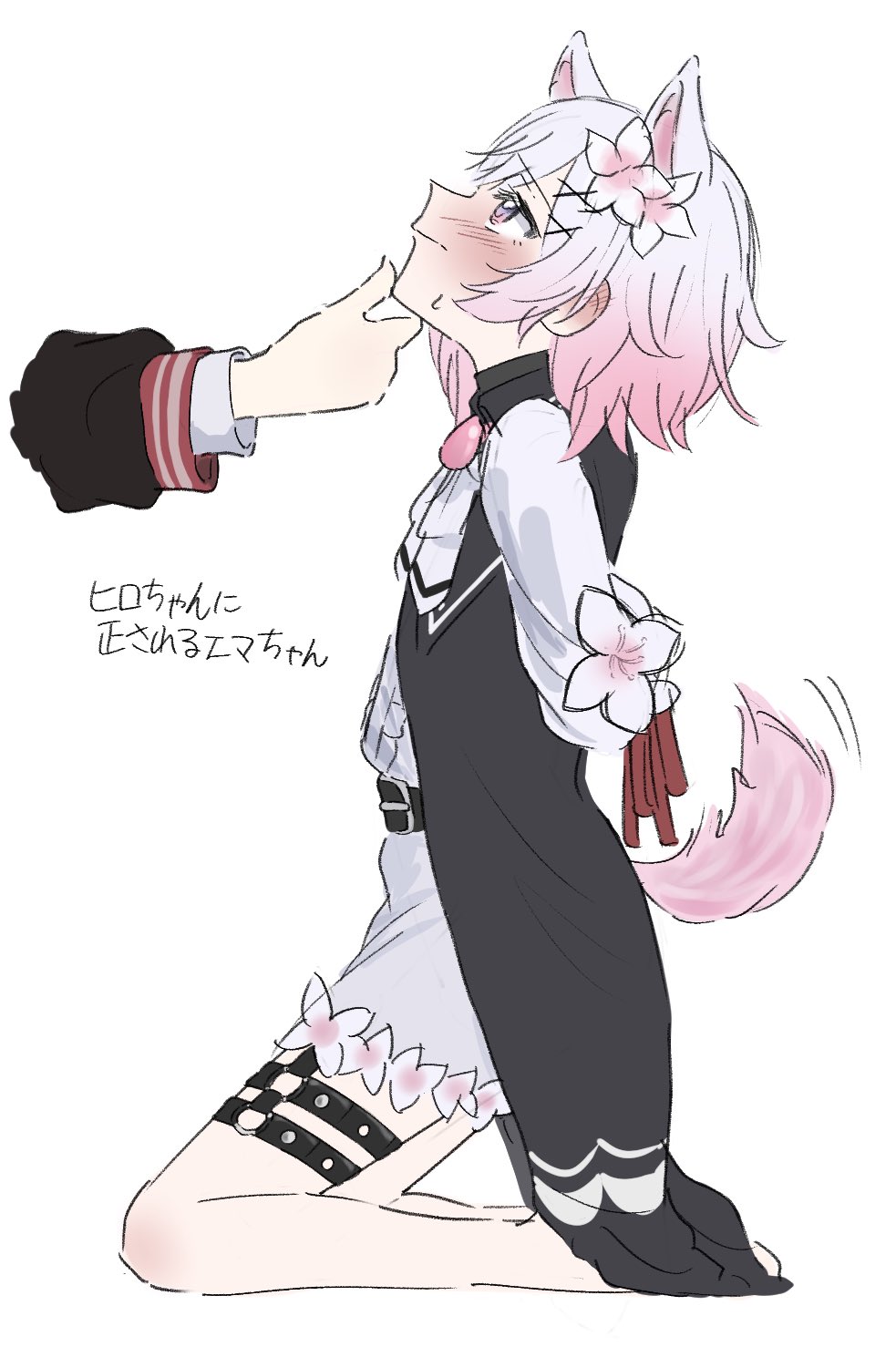 nikaido hiro, sakuraba ema, mahou shoujo no majo saiban, commentary request, highres, translation request, 2girls, 3yp5g, animal ears, arms behind back, black dress, bound, bound arms, dog ears, dog girl, dog tail, dress, flower, gradient hair, hair flower, hair ornament, hand on another's chin, kneeling, multicolored hair, multiple girls, pink eyes, pink hair, short hair, simple background, tail, thigh strap, white background, white dress, white flower, white hair, yuri