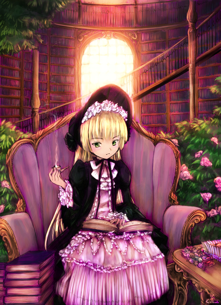 shiizako you, victorica de blois, gosick, 1girl, blonde hair, blush, book, dress, female focus, flower, frills, gothic lolita, green eyes, hat, lolita fashion, long hair, pantyhose, ribbon, sitting, smoke, smoking pipe, solo
