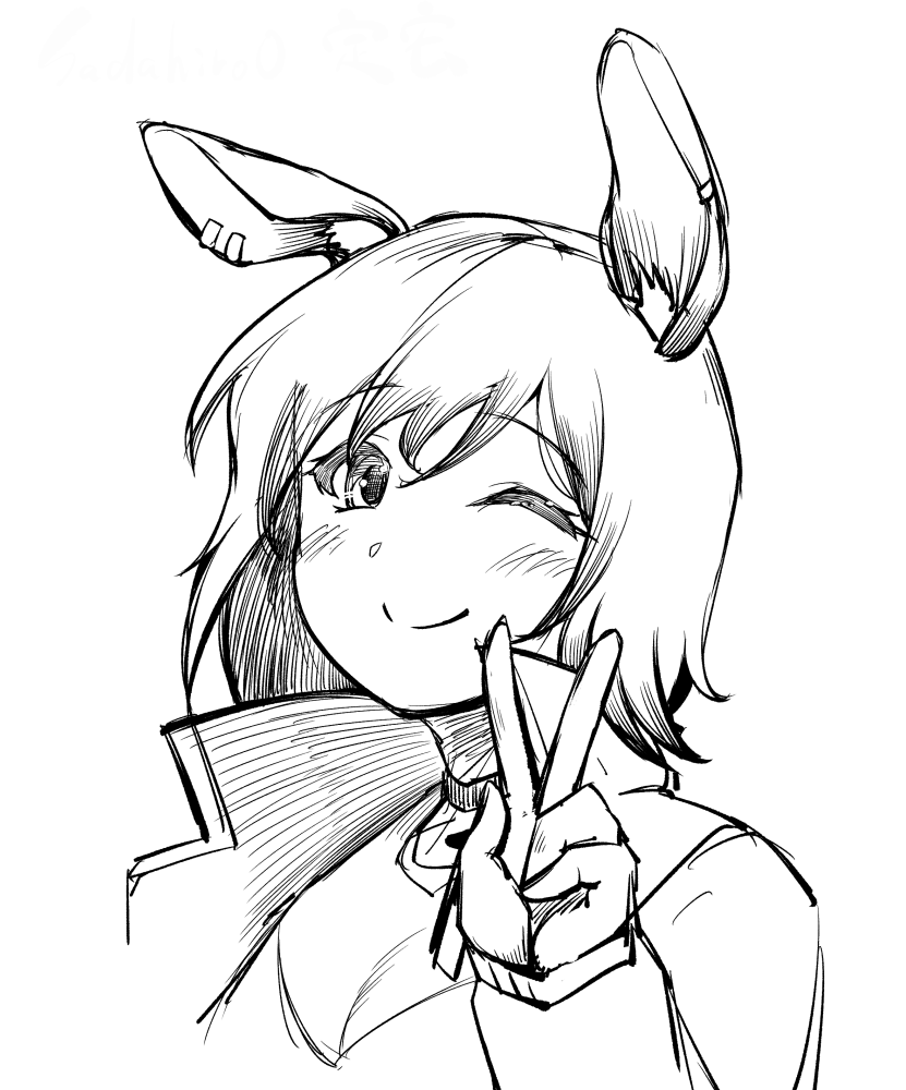 sadahiro (chicken nugget gyuuniku aji), catapult (arknights), arknights, commentary request, 1girl, animal ears, blush, breasts, cleavage, closed mouth, earclip, greyscale, horse ears, horse girl, jacket, looking at viewer, medium breasts, monochrome, one eye closed, open clothes, open jacket, portrait, short hair, simple background, sketch, smile, solo, v