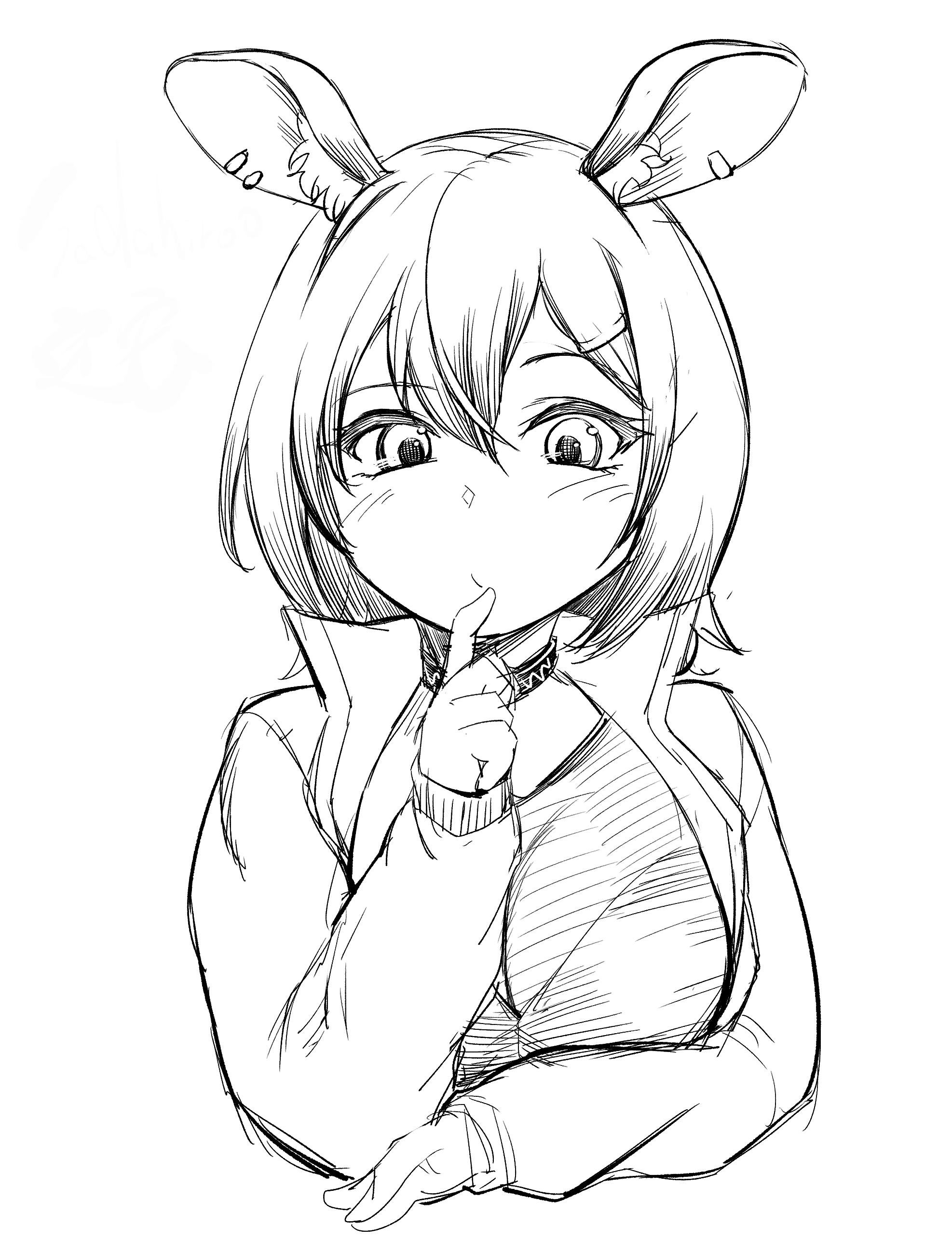 sadahiro (chicken nugget gyuuniku aji), catapult (arknights), arknights, absurdres, commentary request, highres, 1girl, animal ears, blush, breasts, cleavage, closed mouth, earclip, expressionless, greyscale, hand on own chin, horse ears, horse girl, jacket, looking at viewer, medium breasts, monochrome, open clothes, open jacket, shirt, short hair, simple background, sketch, solo, upper body