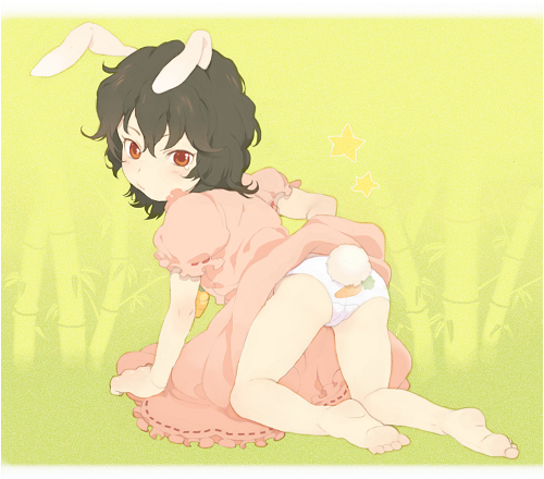 akusyu, inaba tewi, touhou, bad id, bad pixiv id, lowres, 1girl, all fours, animal ears, ass, barefoot, black hair, brown eyes, carrot, dress, feet, female focus, loli, panties, pantyshot, pout, print panties, rabbit ears, rabbit tail, short hair, solo, star (symbol), tail, underwear