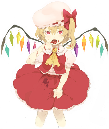 akusyu, flandre scarlet, touhou, bad id, bad pixiv id, 1girl, blonde hair, blood, female focus, hair ribbon, one side up, petticoat, red eyes, ribbon, side ponytail, skirt, solo, stain, vest, white background