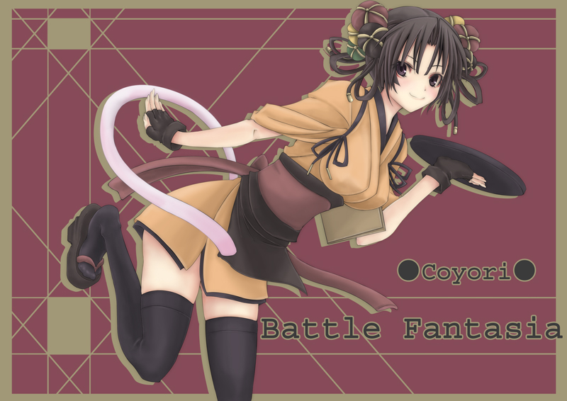 tawara hiryuu, coyori, arc system works, battle fantasia, sandals, solo, tail, thighhighs, waitress