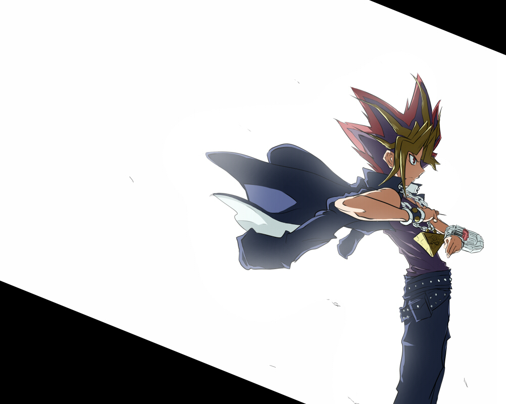 muumuu, muto yugi, yami yugi, yu-gi-oh!, yu-gi-oh! duel monsters, bad id, bad pixiv id, 1boy, belt, cape, chain, coat, colored bangs, duel disk, jewelry, male focus, millennium puzzle, pendant, simple background, solo