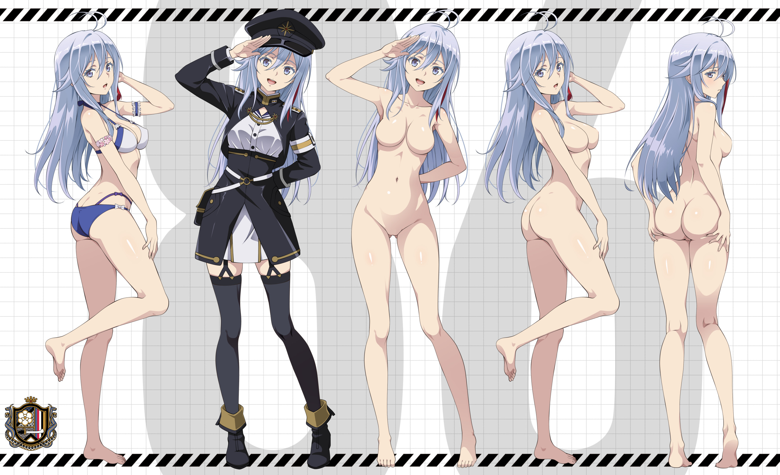 nanikairu, vladilena millize, 86 -eightysix-, commentary request, highres, paid reward available, revision, 1girl, antenna hair, arm behind back, ass, barefoot, black boots, black hat, black jacket, black thighhighs, boots, breasts, cleft of venus, completely nude, epaulettes, feet, full body, grabbing another's ass, groping, hair between eyes, hat, jacket, kneepits, large breasts, long hair, long sleeves, looking at viewer, military uniform, multiple views, navel, no nipples, nude, peaked cap, pussy, salute, skirt, soles, standing, standing on one leg, thighhighs, thighs, toes, white skirt