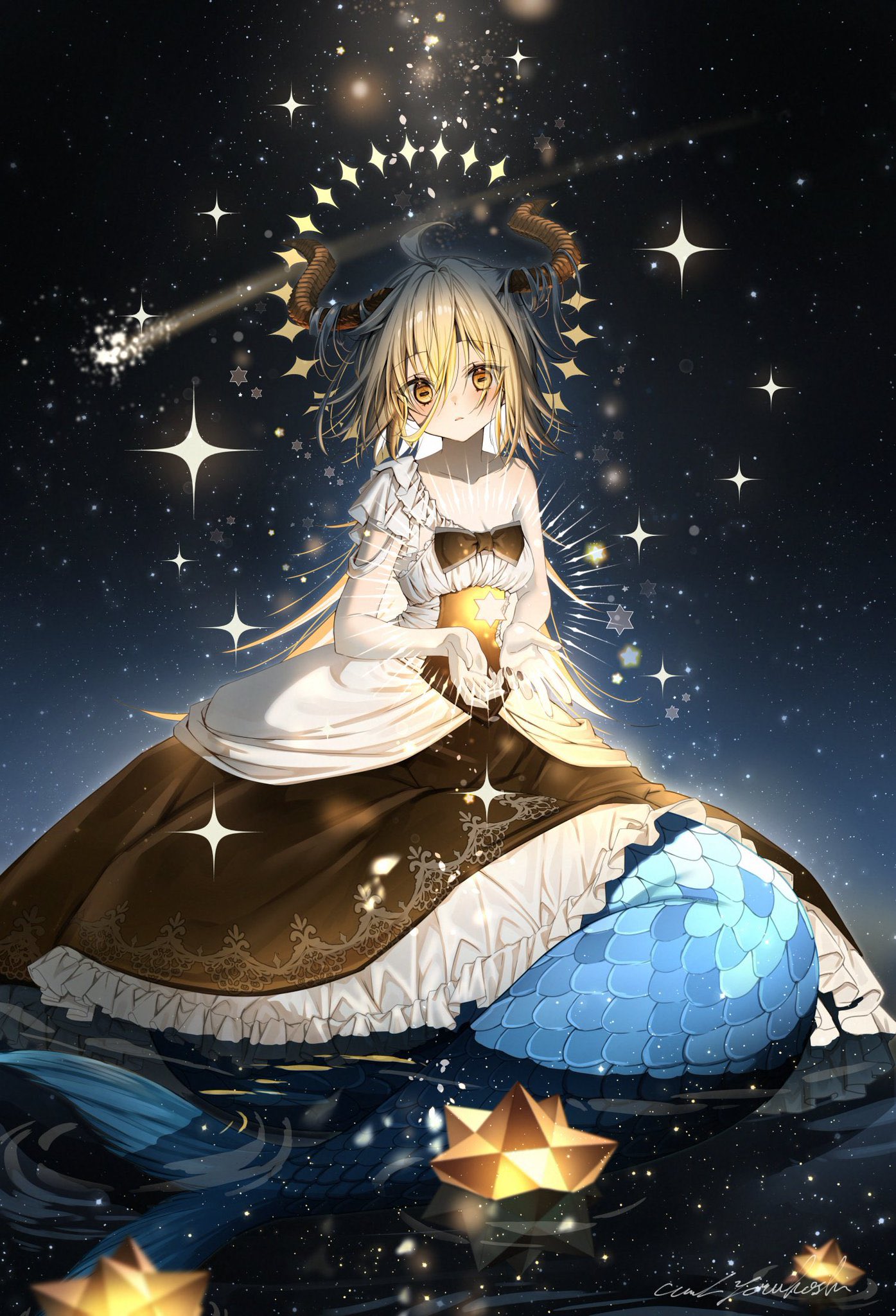 yoruhoshi owl, original, commentary request, highres, 1girl, ahoge, blonde hair, blue tail, blush, breasts, brown dress, cleavage, dress, goat horns, hair on horn, halo, hexagram, holding, horizontal pupils, horns, looking at viewer, medium hair, mermaid, monster girl, night, night sky, partially submerged, scales, shooting star, signature, single bare shoulder, sitting, sky, small breasts, solo, sparkle, star (sky), star halo, star of david, two-tone dress, water, white dress