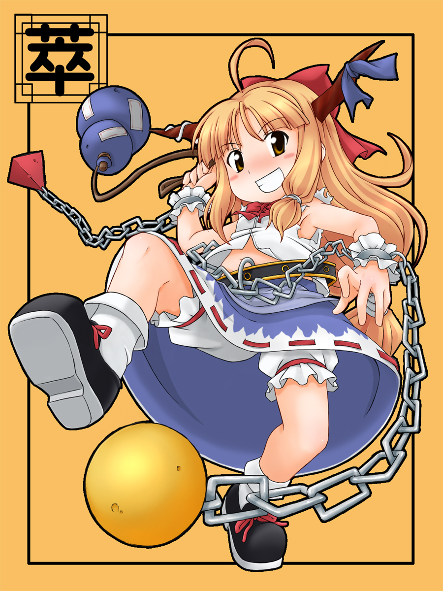 kageyama mari, ibuki suika, touhou, highres, 1girl, blonde hair, bow, chain, female focus, gourd, hair bow, horns, long hair, solo, yellow eyes