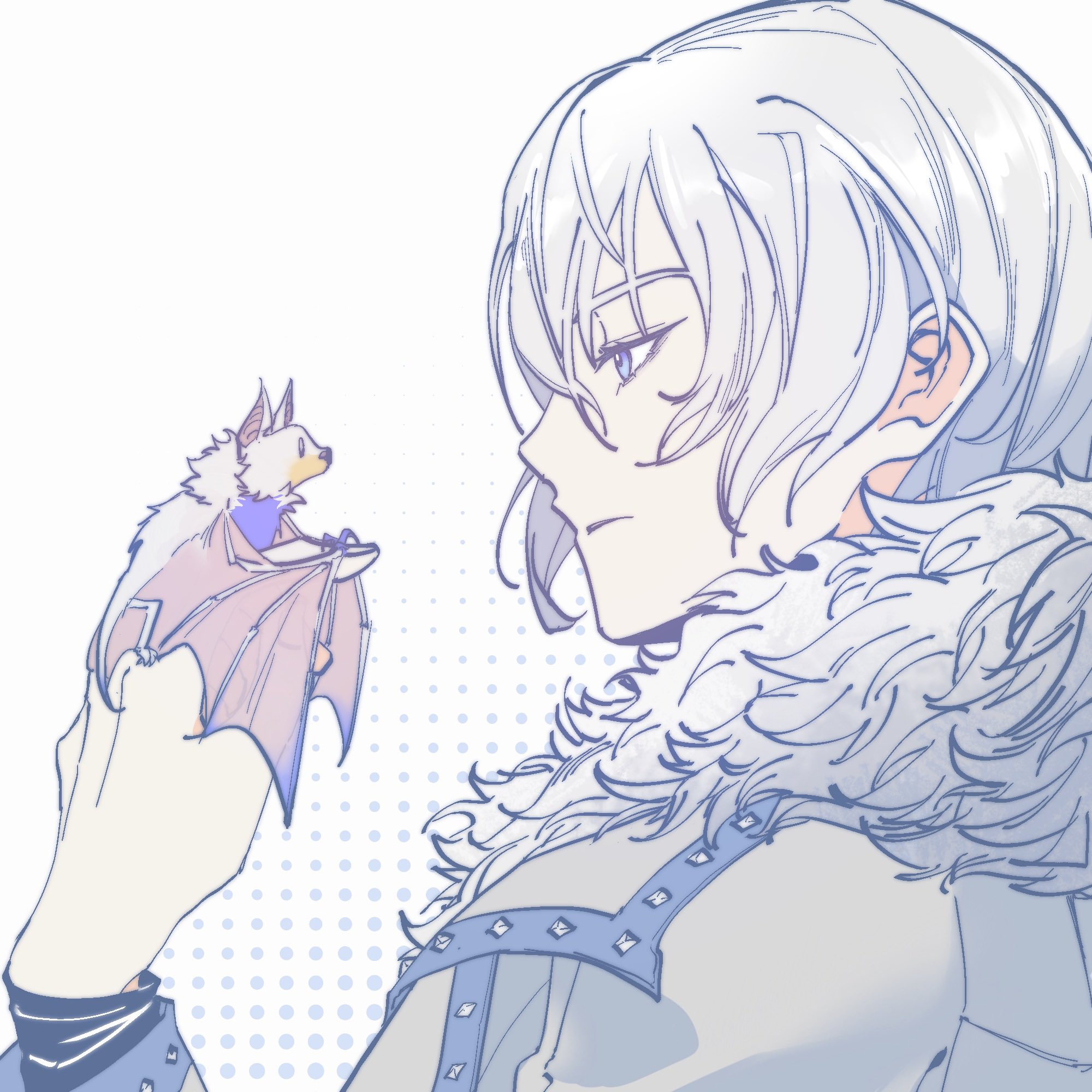 soma cruz, castlevania: aria of sorrow, castlevania (series), highres, 1boy, bat (animal), blue eyes, blue trim, coat, fur collar, kelland1986, profile, short hair, white coat, white hair