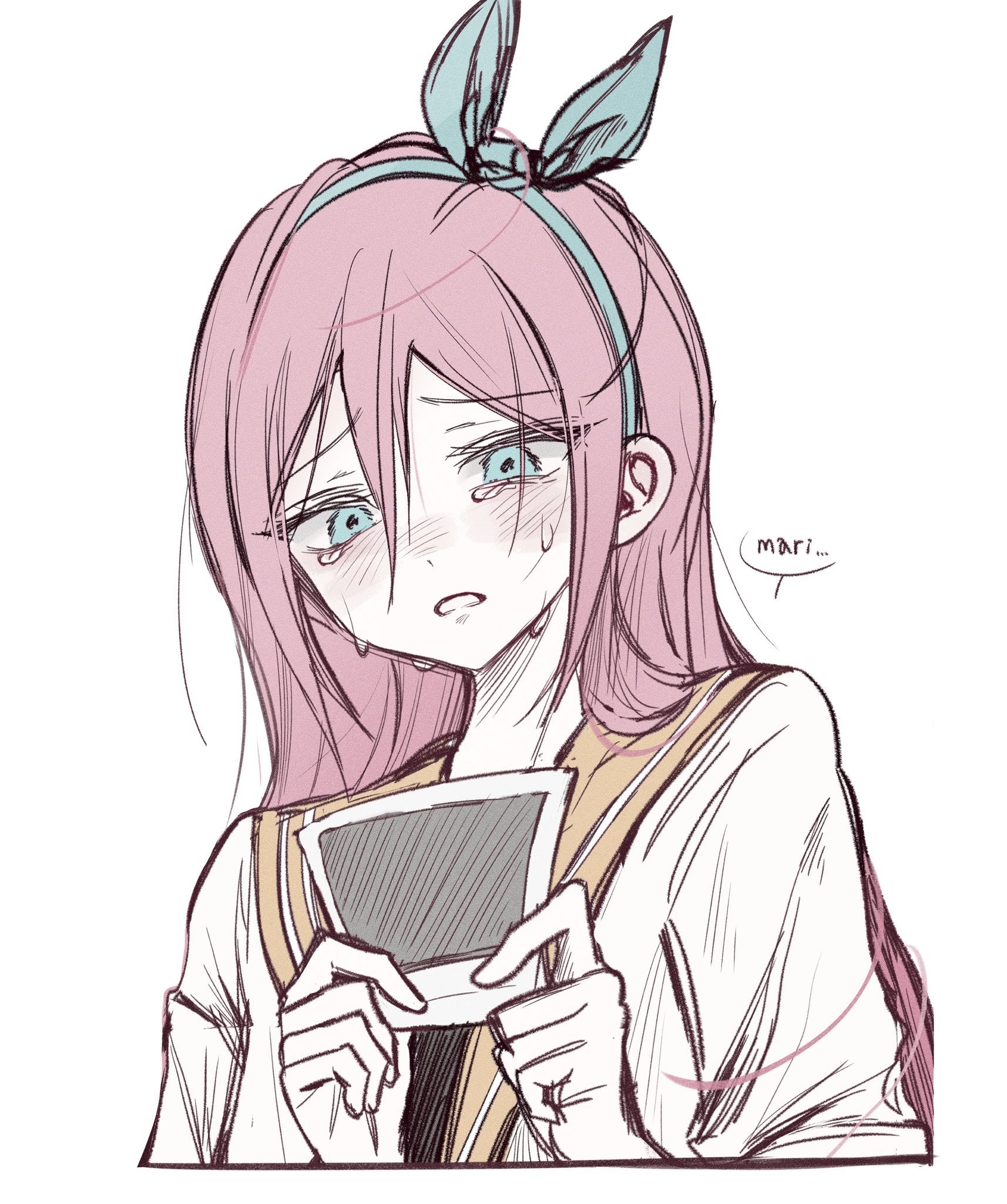 wktdms1, aubrey (faraway) (omori), aubrey (omori), omori, commentary request, highres, korean commentary, 1girl, blue eyes, blue hairband, blush, crying, crying with eyes open, double-parted bangs, english text, hair between eyes, hairband, holding, holding photo, jacket, long hair, open clothes, open jacket, parted lips, photo (object), pink hair, short-sleeved jacket, short sleeves, sketch, solo, speech bubble, tears, upper body, white jacket