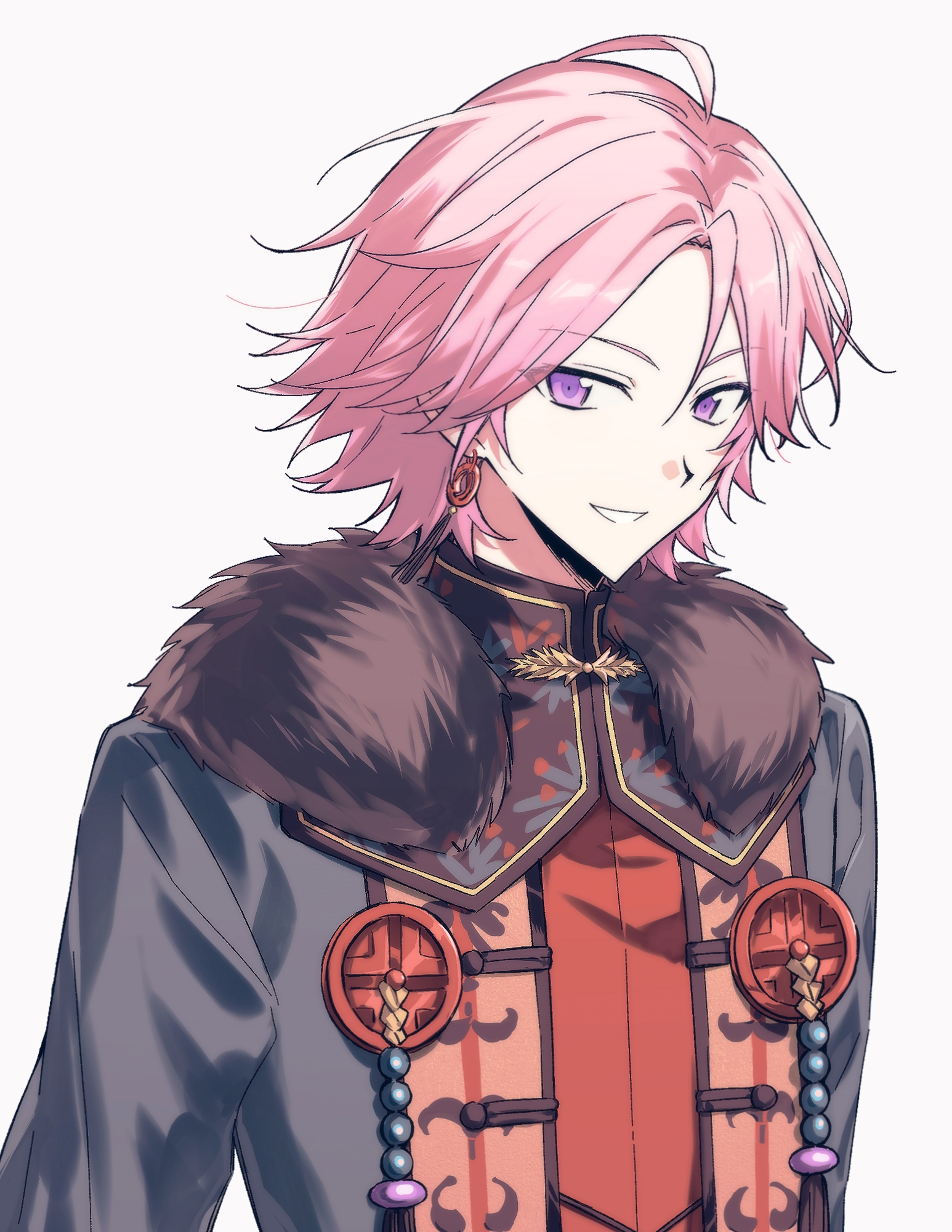 oukawa kohaku, ensemble stars!, chinese commentary, commentary request, highres, 1boy, black jacket, chinese clothes, earrings, eyes visible through hair, fur trim, grin, iro (kakerairo), jacket, jewelry, male focus, open clothes, open jacket, pink hair, purple eyes, red shirt, shirt, short hair, simple background, smile, solo, tassel, tassel earrings, tsurime, upper body, white background