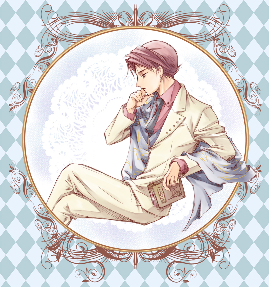 0-error-0, mikasa haruna, ushiromiya battler, umineko no naku koro ni, bad id, bad pixiv id, 00s, 1boy, blue eyes, book, formal clothes, jacket, male focus, necktie, red hair, short hair, solo
