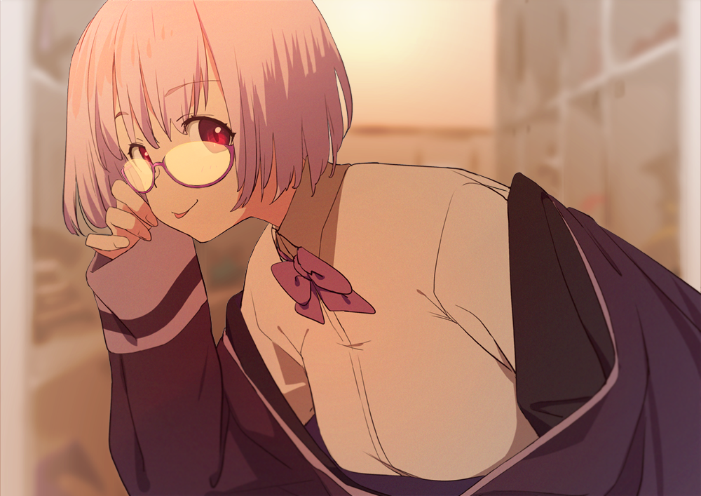 sohin, shinjou akane, gridman universe, ssss.gridman, commentary, 1girl, blurry, blurry background, bow, bowtie, breasts, collared shirt, glasses, jacket, leaning forward, long sleeves, looking at viewer, off shoulder, outdoors, pink hair, purple bow, purple bowtie, purple jacket, red eyes, shirt, short hair, sleeves past wrists, smile, solo, tinted eyewear, tongue, tongue out, upper body, white shirt