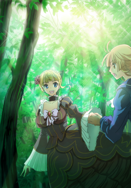 youshuu, beatrice (umineko), ushiromiya rosa, umineko no naku koro ni, 00s, 2girls, aged down, blonde hair, blue eyes, bow, choker, day, dress, flower, forest, frills, gathers, hime cut, holding hands, multiple girls, nature, outdoors, school uniform, smile, yellow eyes