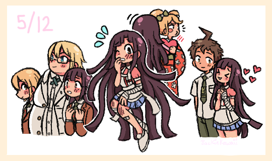 jackie kawaii, hinata hajime, mitarai ryota, saionji hiyoko, togami byakuya (danganronpa 2), tsumiki mikan, danganronpa (series), danganronpa 2: goodbye despair, danganronpa 3 (anime), commentary, english commentary, > <, 2girls, 3boys, ahoge, apron, bandaged arm, bandages, bandaid, bandaid on leg, blonde hair, blue skirt, blush, bow, breast pocket, brown hair, brown jacket, buttons, closed eyes, closed mouth, collared shirt, dated, fat, fat man, flying sweatdrops, glasses, green bow, green eyes, green necktie, green pants, hair bow, heart, holding, hope's peak academy school uniform, jacket, japanese clothes, kimono, long hair, long sleeves, mole, mole under eye, multiple boys, multiple girls, multiple views, necktie, o3o, one eye closed, orange kimono, pants, pink shirt, pocket, pout, purple eyes, purple hair, school uniform, shirt, shoes, short hair, short sleeves, simple background, skirt, smile, teeth, twintails, very long hair, white apron, white background, white jacket, white shirt, white shoes