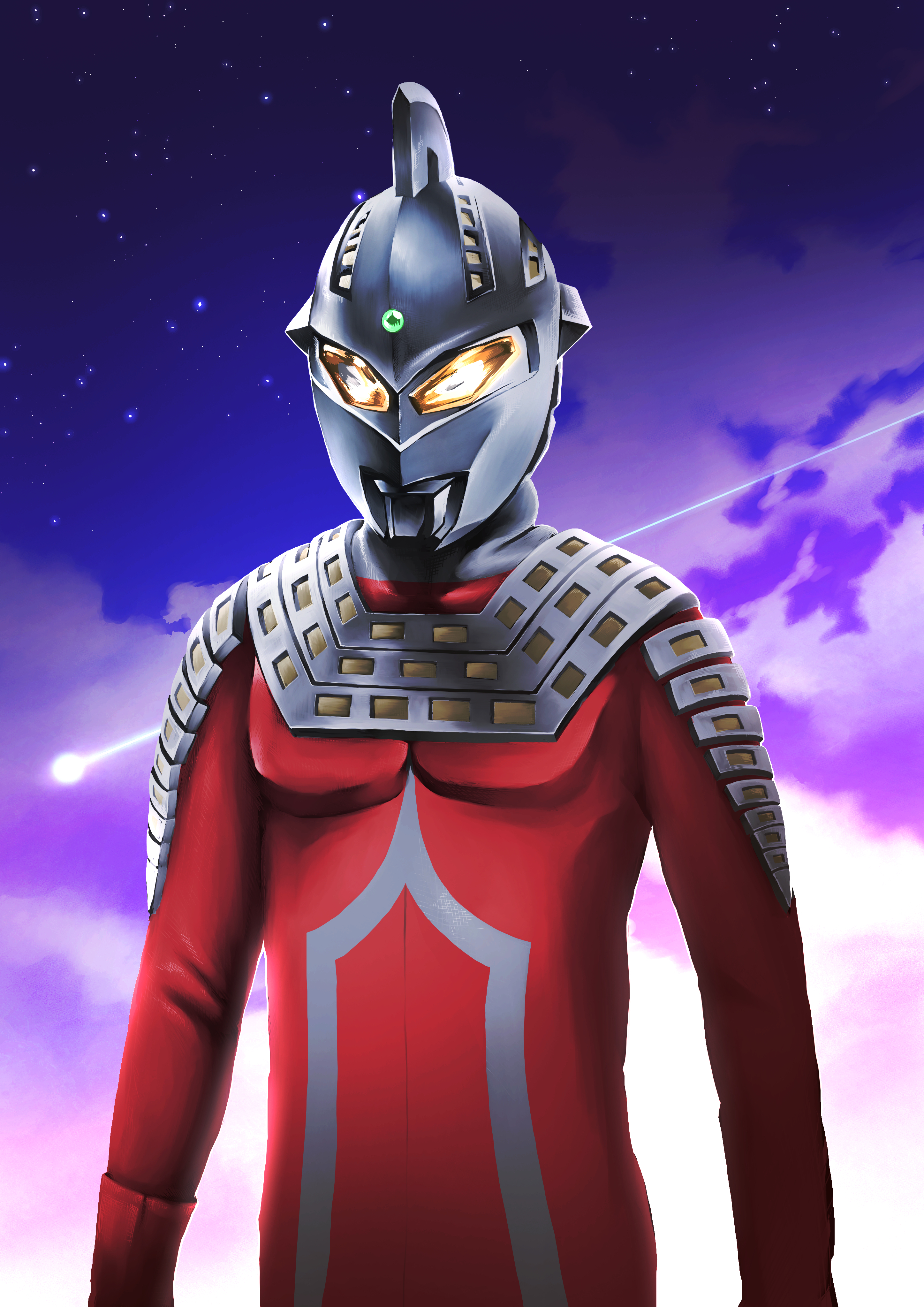 tihiro, ultraseven, tokusatsu, ultra series, ultraseven (series), absurdres, commentary, english commentary, highres, mixed-language commentary, 1boy, alien, armor, arms at sides, blue sky, breastplate, cloud, cloudy sky, colored skin, eye slugger, forehead jewel, gem, giant, giant male, gloves, glowing, glowing eyes, gradient sky, green gemstone, looking down, male focus, multicolored skin, multicolored sky, night, outdoors, pectorals, purple sky, red gloves, red skin, shooting star, shoulder armor, silver skin, sky, solo, standing, star (sky), starry sky, toned, toned male, two-tone skin, upper body, wrinkled skin, yellow eyes